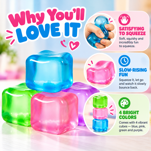4-Pack Slow-Rising Squishy Cubes – Squeeze, Stack & Stretch