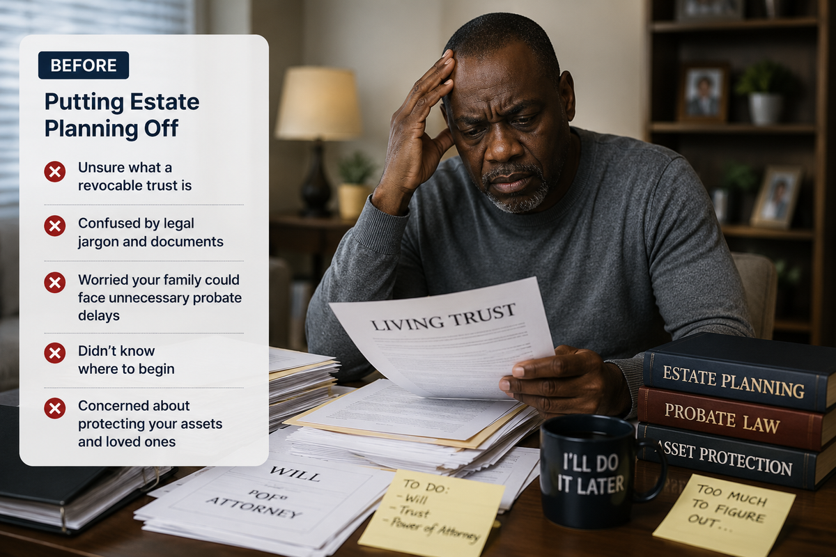 BEFORE😟 Estate planning felt confusing📄 Too many legal documents⚖️ Didn't understand revocable trusts⏳ Kept putting it off💭 Worried about what could happen