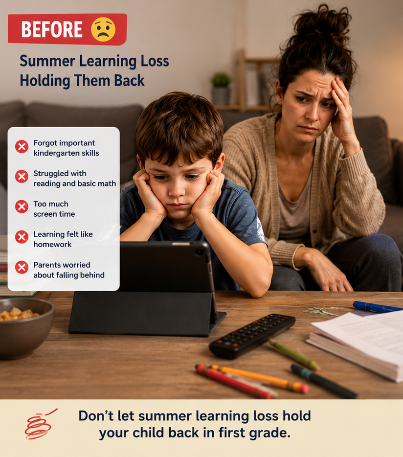 BEFORE 😟❌ Forgot important kindergarten skills❌ Struggled with reading and basic math❌ Too much screen time❌ Learning felt like homework❌ Parents worried about falling behind