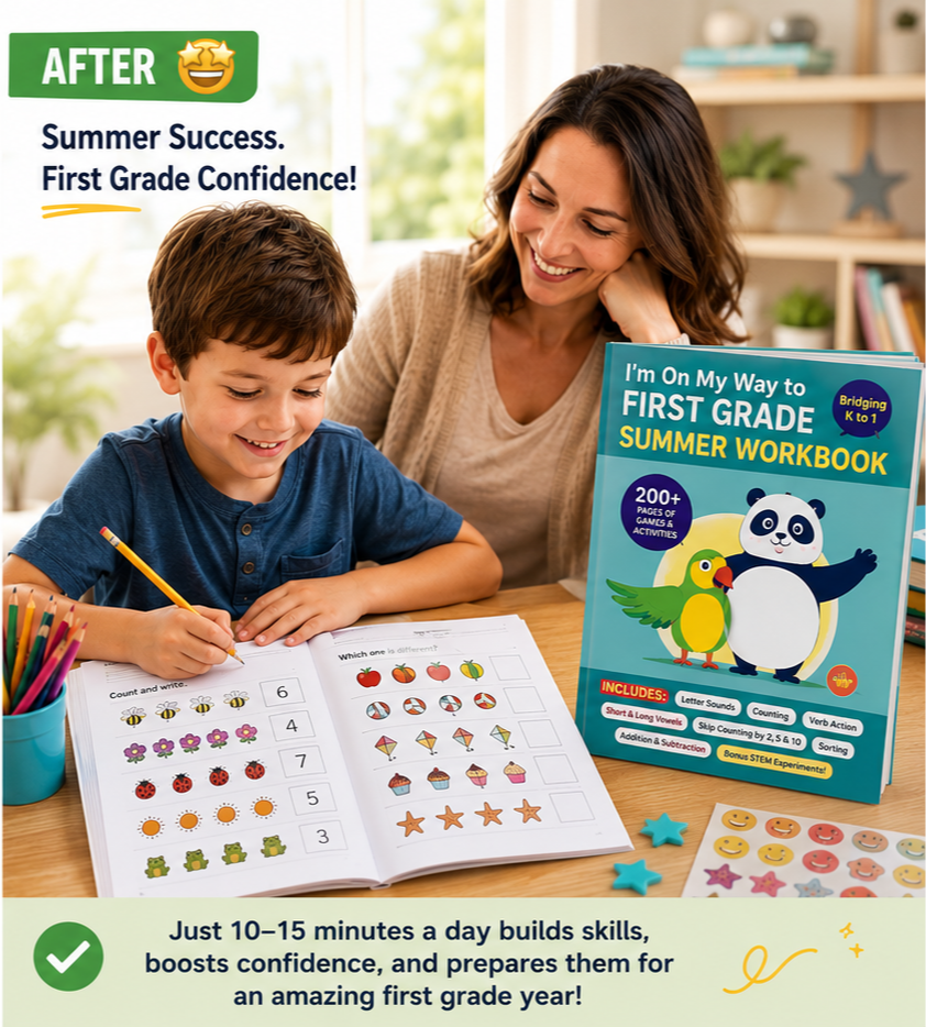 AFTER 🌟✅ Confident entering first grade✅ Reading, writing & math skills stay fresh✅ Fun daily activities kids actually enjoy✅ Less screen time, more meaningful learning✅ Parents feel prepared for the new school year